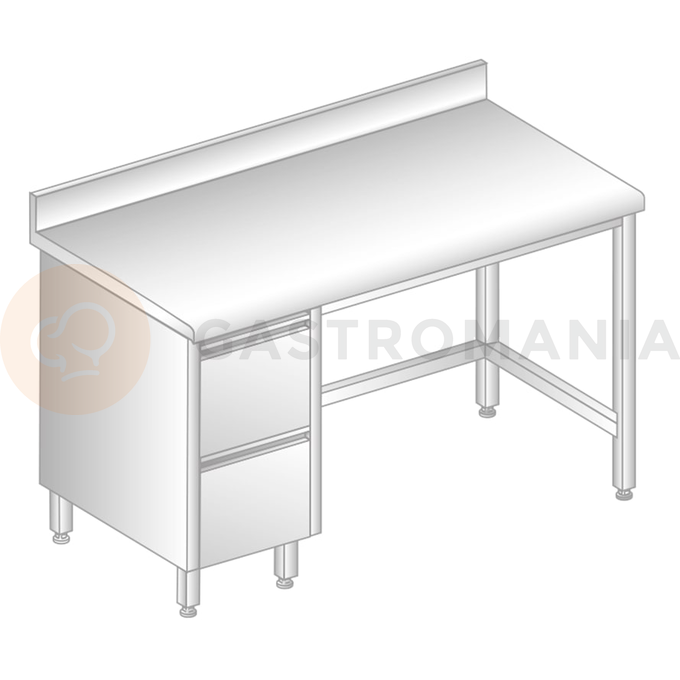 Stôl nástenný z nerezovej ocele s 2 šuplíkmi, zadnou lištou a odkvapovou lištou 1100x600x850 mm | DORA METAL, DM-S-3112