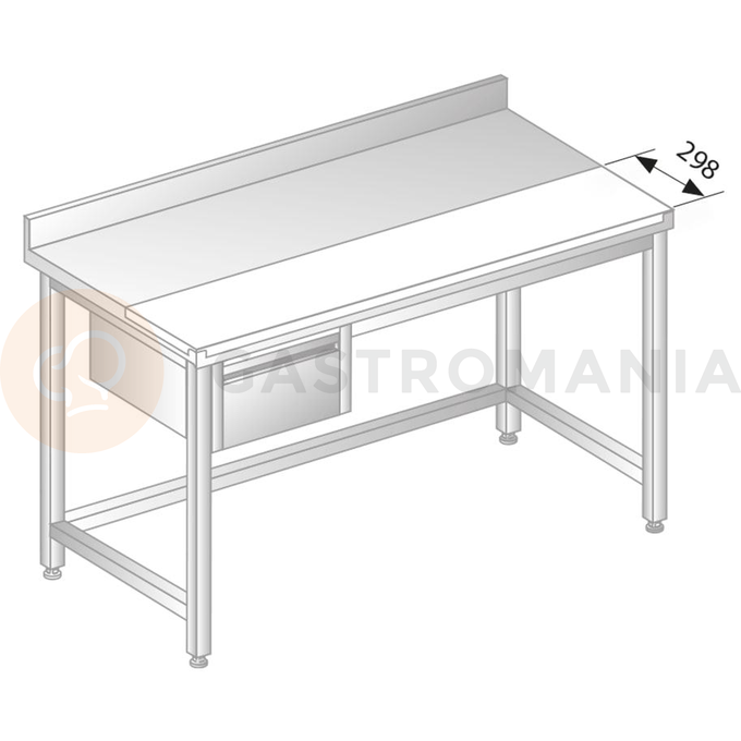 Stôl nástenný z nerezovej ocele s krájacou doskou, šuplíkom, so zadnou lištou a odkvapovou lištou 1100x600x850 mm | DORA METAL, DM-S-3106