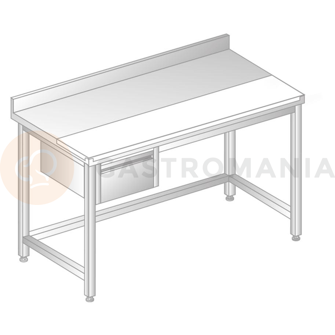 Stôl nástenný z nerezovej ocele s krájacou doskou, šuplíkom, so zadnou lištou a odkvapovou lištou 1200x600x850 mm | DORA METAL, DM-S-3106
