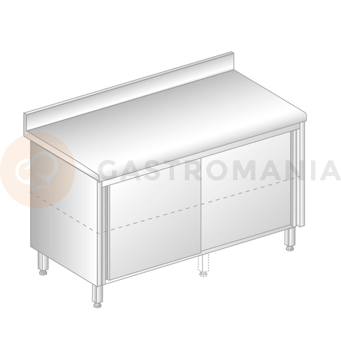 Stôl nástenný z nerezovej ocele s priechodnou skrinkou, posuvnými dverami, zadnou lištou a odkvapovou lištou 1000x600x850 mm | DORA METAL, DM-S-3118 P