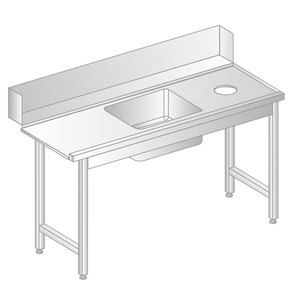 Stôl na nakladanie do umývačky riadu z nerezovej ocele s otvorom na odpad a drezom 1500x760x850 mm | DORA METAL, DM-3257