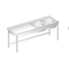 Stôl nástenný z nerezovej ocele s 2 drezami 1700x700x850 mm | DORA METAL, DM-3010