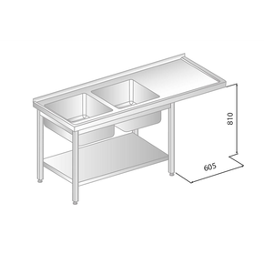 Stôl nástenný z nerezovej ocele s miestom na umývačku, 2 drezy a poličkou 1900x600x850 mm | DORA METAL, DM-3273