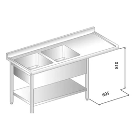 Stôl nástenný z nerezovej ocele s miestom na umývačku, 2 drezy, poličkou zadnou lištou a odkvapovou lištou 1800x600x850 mm | DORA METAL, DM-S-3273