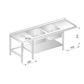 Stôl nástenný z nerezovej ocele s miestom na umývačku, otvorom pre odpad, 2 drezy a poličkou 2300x700x850 mm | DORA METAL, DM-3230