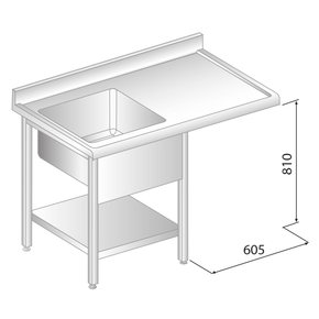 Stôl nástenný z nerezovej ocele s miestom na umývačku, drezom, poličkou, zadnou lištou a odkvapovou lištou 1700x700x850 mm | DORA METAL, DM-S-3272