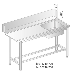 Stôl na nakladanie do umývačky riadu z nerezovej ocele s drezom 1700x700x850 mm | DORA METAL, DM-3247