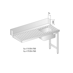 Valčekový stôl na nakladanie do umývačky riadu z nerezovej ocele s drezom 1200x700x850 mm | DORA METAL, DM-3275