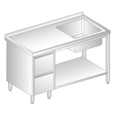 Stôl nástenný z nerezovej ocele s drezom, 2 šuplíky a poličkou 1500x600x850 mm | DORA METAL, DM-3203
