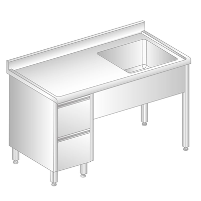 Stôl nástenný z nerezovej ocele s drezom, 2 šuplíky, zadnou lištou a odkvapovou lištou 1400x600x850 mm | DORA METAL, DM-S-3012