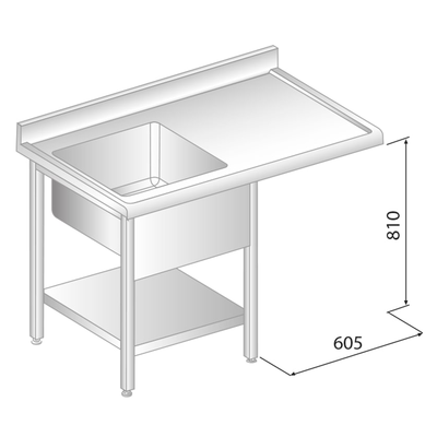 Stôl nástenný z nerezovej ocele s miestom na umývačku, drezom, poličkou, zadnou lištou a odkvapovou lištou 1900x600x850 mm | DORA METAL, DM-S-3272