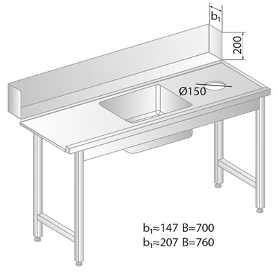 Stôl na nakladanie do umývačky riadu z nerezovej ocele s otvorom na odpad a drezom 1200x700x850 mm | DORA METAL, DM-3257