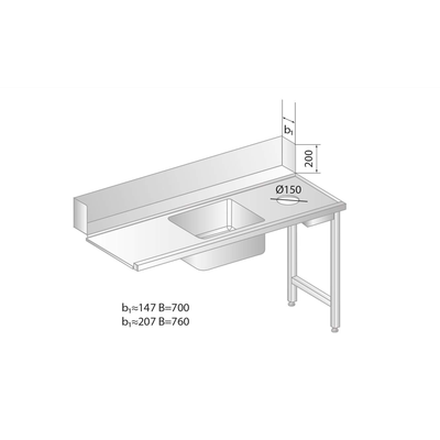 Stôl na nakladanie do umývačky riadu z nerezovej ocele s otvorom na odpad a drezom 1200x700x850 mm | DORA METAL, DM-3268