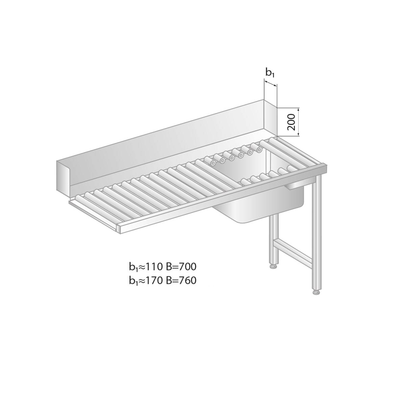 Valčekový stôl na nakladanie do umývačky riadu z nerezovej ocele s drezom 1000x700x850 mm | DORA METAL, DM-3275