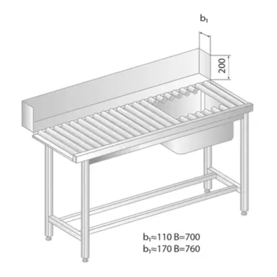 Valčekový stôl na nakladanie do umývačky riadu z nerezovej ocele s drezom 1300x760x850 mm | DORA METAL, DM-3276