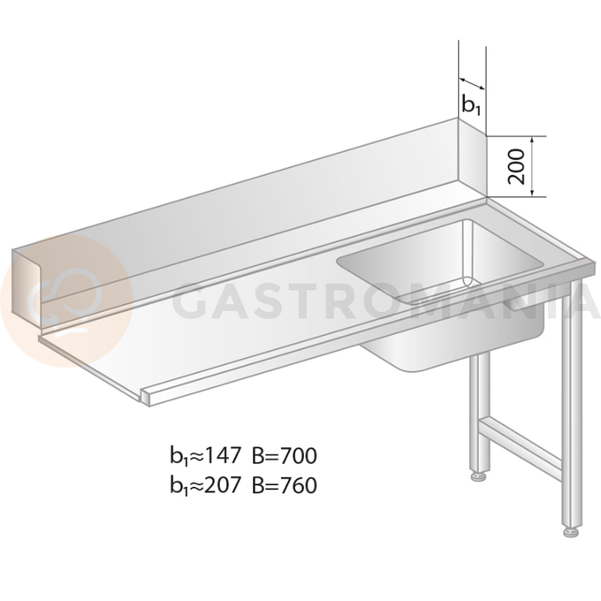 Stôl na nakladanie do umývačky riadu z nerezovej ocele s drezom 1200x700x850 mm | DORA METAL, DM-3266