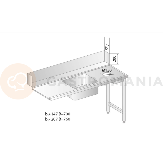 Stôl na nakladanie do umývačky riadu z nerezovej ocele s otvorom na odpad a drezom 1300x760x850 mm | DORA METAL, DM-3268