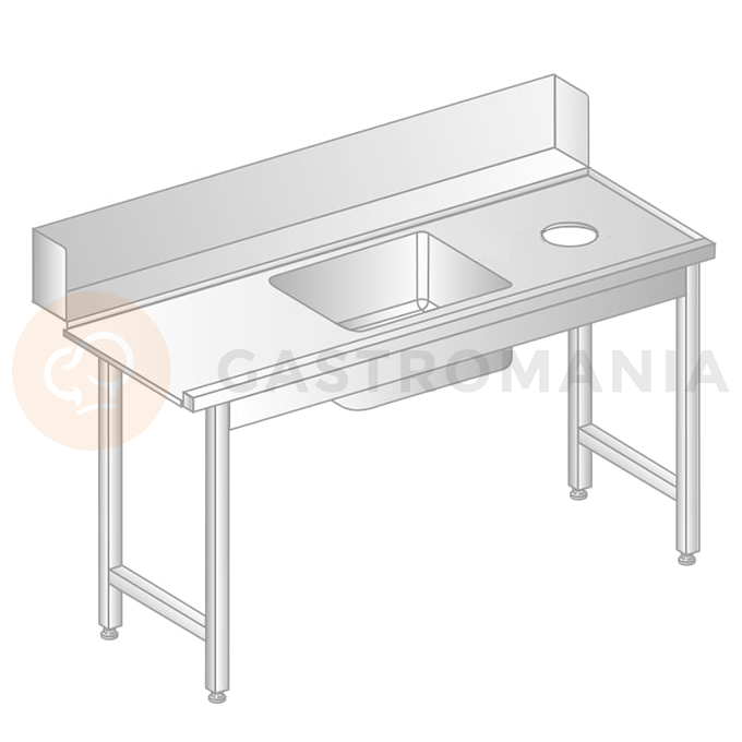 Stôl na nakladanie do umývačky riadu z nerezovej ocele s otvorom na odpad a drezom 1400x760x850 mm | DORA METAL, DM-3257