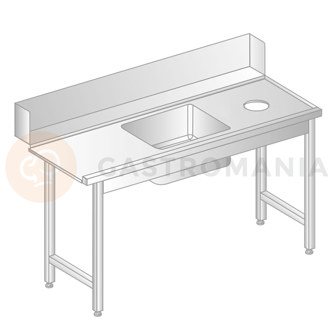 Stôl na nakladanie do umývačky riadu z nerezovej ocele s otvorom na odpad a drezom 1600x760x850 mm | DORA METAL, DM-3257