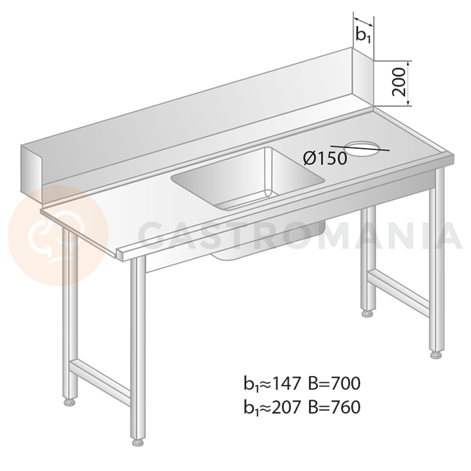 Stôl na nakladanie do umývačky riadu z nerezovej ocele s otvorom na odpad a drezom 1900x760x850 mm | DORA METAL, DM-3257