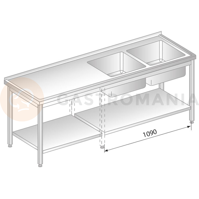 Stôl nástenný z nerezovej ocele s 2 drezami a poličkou 1400x700x850 mm | DORA METAL, DM-3213