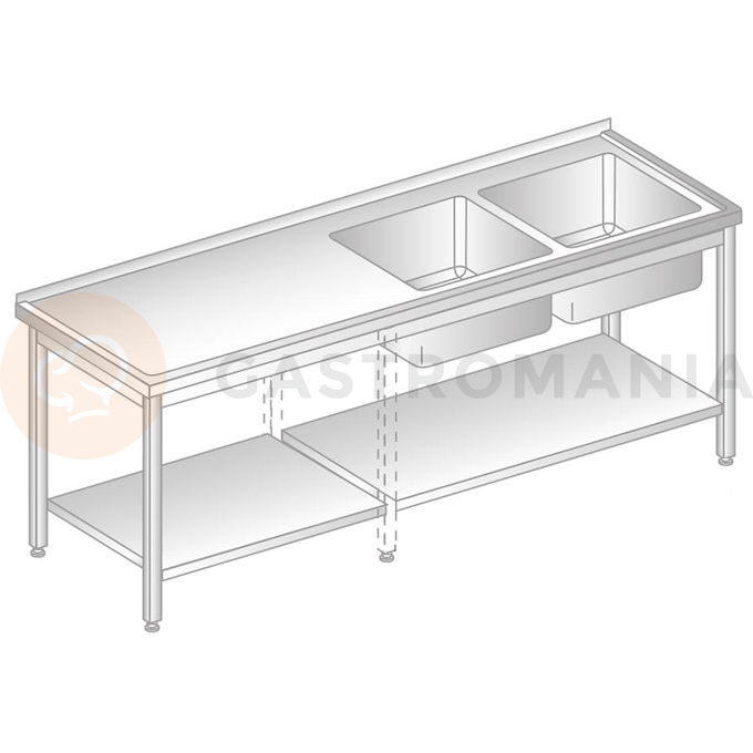 Stôl nástenný z nerezovej ocele s 2 drezami a poličkou 2100x700x850 mm | DORA METAL, DM-3213