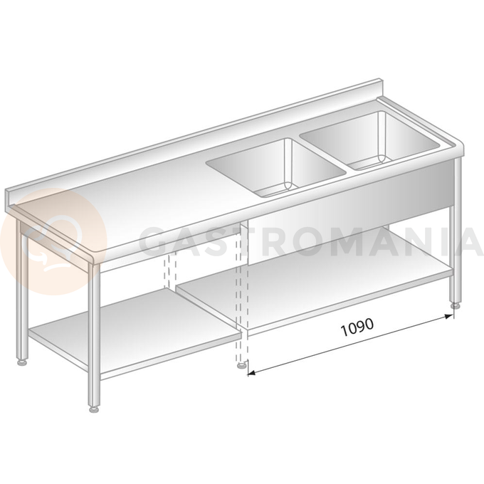 Stôl nástenný z nerezovej ocele s 2 drezami, poličkou, zadnou lištou a odkvapovou lištou 1400x700x850 mm | DORA METAL, DM-S-3213