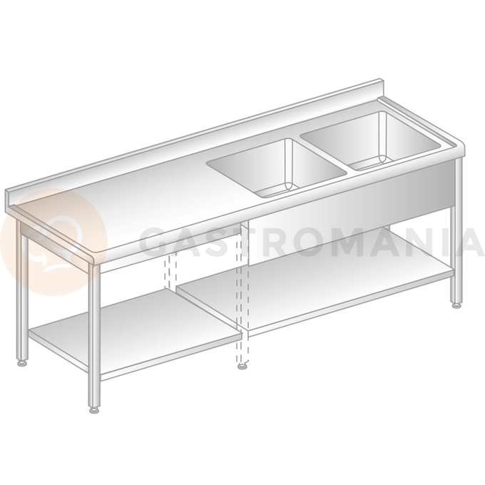 Stôl nástenný z nerezovej ocele s 2 drezami, poličkou, zadnou lištou a odkvapovou lištou 1500x600x850 mm | DORA METAL, DM-S-3213