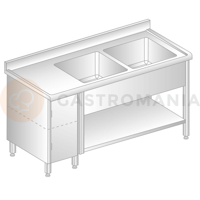 Stôl nástenný z nerezovej ocele s 2 drezami, skrinkou, poličkou, zadnou lištou a odkvapovou lištou 1700x600x850 mm | DORA METAL, DM-S-3215