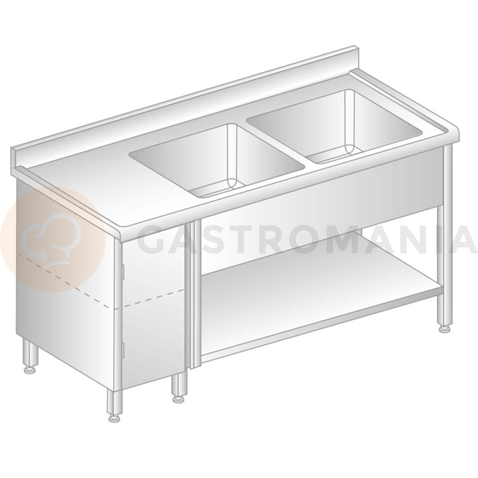 Stôl nástenný z nerezovej ocele s 2 drezami, skrinkou, poličkou, zadnou lištou a odkvapovou lištou 1900x700x850 mm | DORA METAL, DM-S-3215