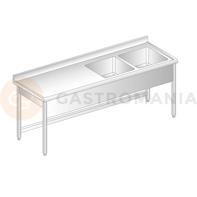 Stôl nástenný z nerezovej ocele s 2 drezami, zadnou lištou a odkvapovou lištou 1500x600x850 mm | DORA METAL, DM-S-3010