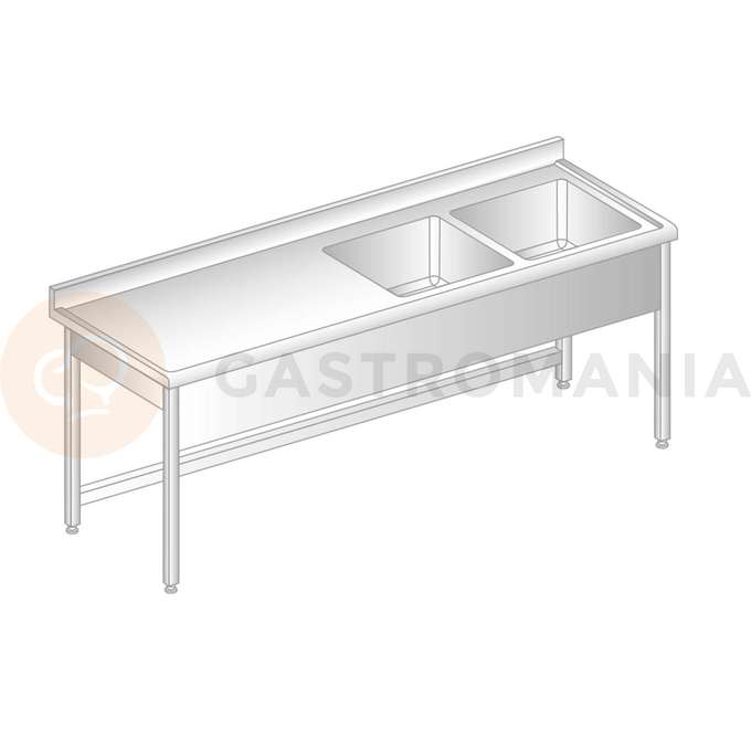 Stôl nástenný z nerezovej ocele s 2 drezami, zadnou lištou a odkvapovou lištou 1800x700x850 mm | DORA METAL, DM-S-3010