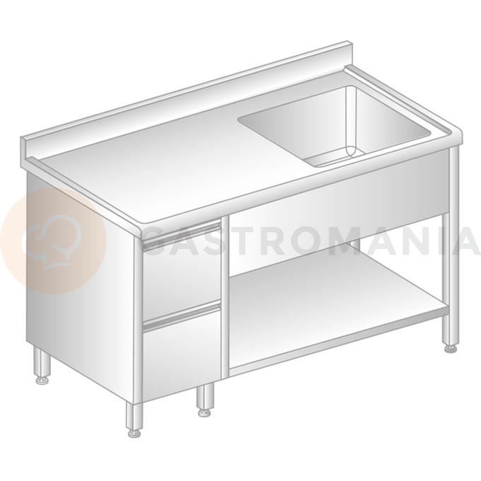 Stôl nástenný z nerezovej ocele s drezom, 2 šuplíky a poličkou, zadnou lištou a odkvapovou lištou 2000x700x850 mm | DORA METAL, DM-S-3203