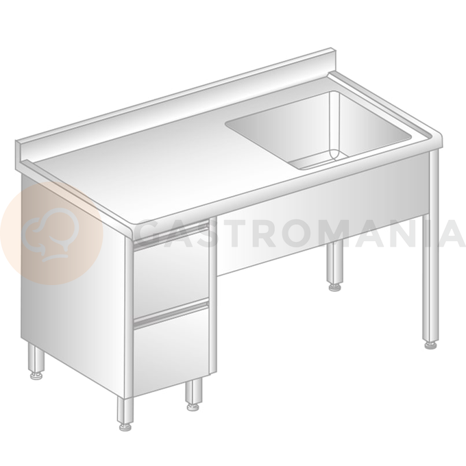 Stôl nástenný z nerezovej ocele s drezom, 2 šuplíky, zadnou lištou a odkvapovou lištou 1200x700x850 mm | DORA METAL, DM-S-3012