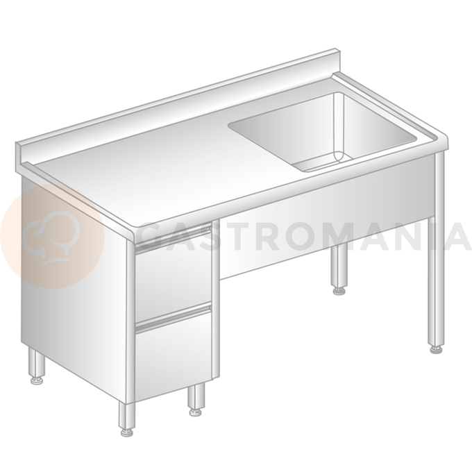 Stôl nástenný z nerezovej ocele s drezom, 2 šuplíky, zadnou lištou a odkvapovou lištou 1400x600x850 mm | DORA METAL, DM-S-3012