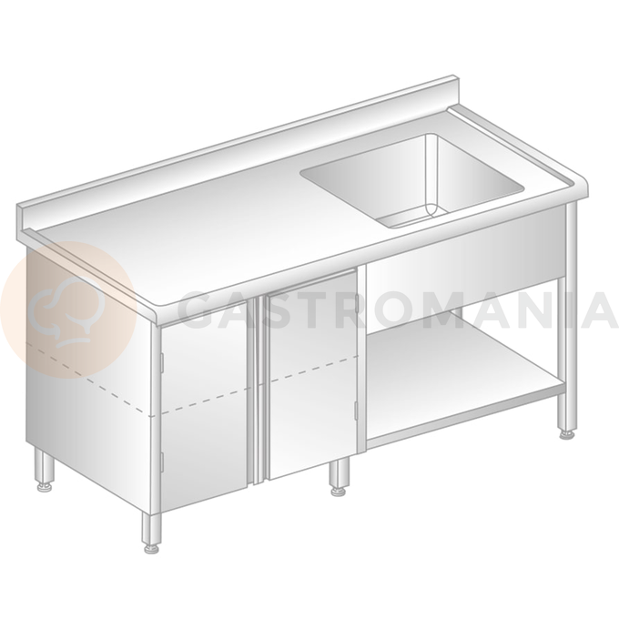 Stôl nástenný z nerezovej ocele s drezom, skrinkou, poličkou, zadnou lištou a odkvapovou lištou 1800x600x850 mm | DORA METAL, DM-S-3206