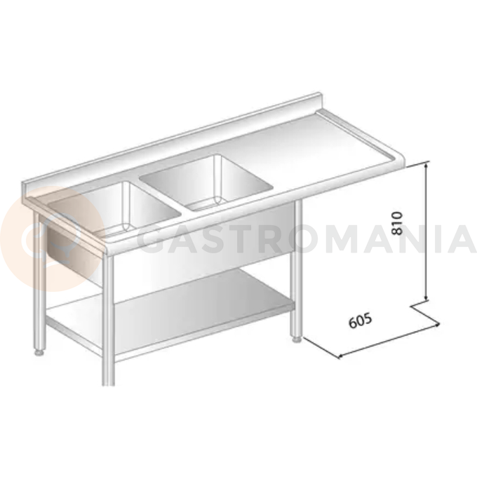 Stôl nástenný z nerezovej ocele s miestom na umývačku, 2 drezy, poličkou zadnou lištou a odkvapovou lištou 2300x700x850 mm | DORA METAL, DM-S-3273