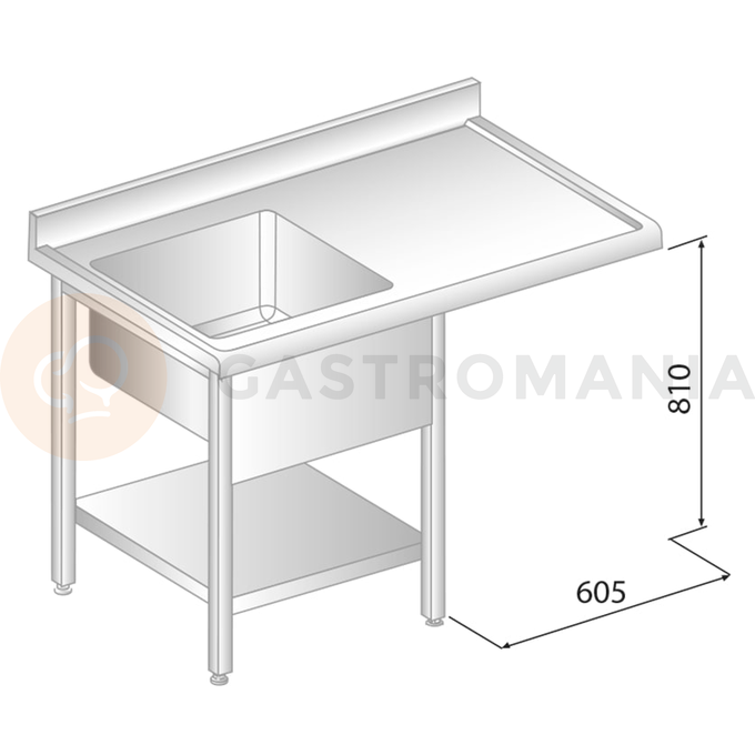 Stôl nástenný z nerezovej ocele s miestom na umývačku, drezom, poličkou, zadnou lištou a odkvapovou lištou 1300x700x850 mm | DORA METAL, DM-S-3272