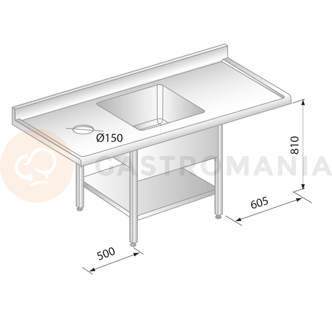 Stôl nástenný z nerezovej ocele s miestom na umývačku, otvorom na odpad, drezom, poličkou, zadnou lištou a odkvapovou lištou 2100x700x850 mm | DORA METAL, DM-S-3229