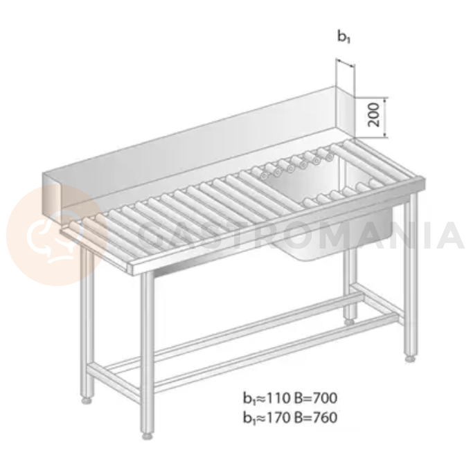 Valčekový stôl na nakladanie do umývačky riadu z nerezovej ocele s drezom 1300x700x850 mm | DORA METAL, DM-3276