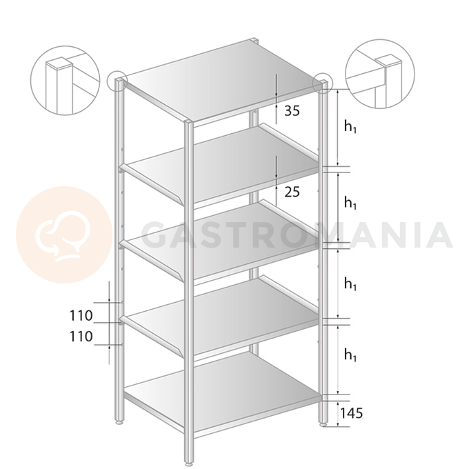 Skladovací regál z nerezovej ocele s nastavitelnými policami 700x700x1800 mm | DORA METAL, DM-3321