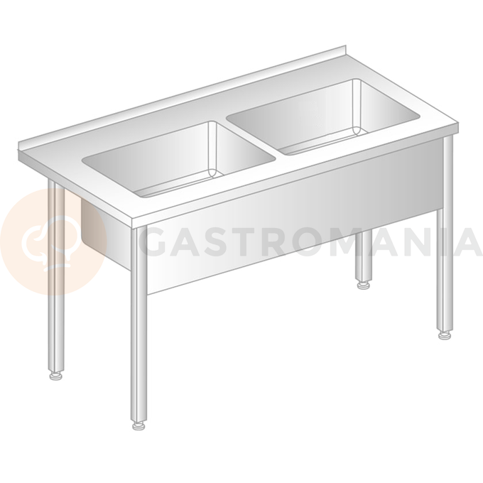 Stôl nástenný z nerezovej ocele s dvojkomorovou vaňou 1400x600x850 mm, výš. komory = 400 mm | DORA METAL, DM-3249
