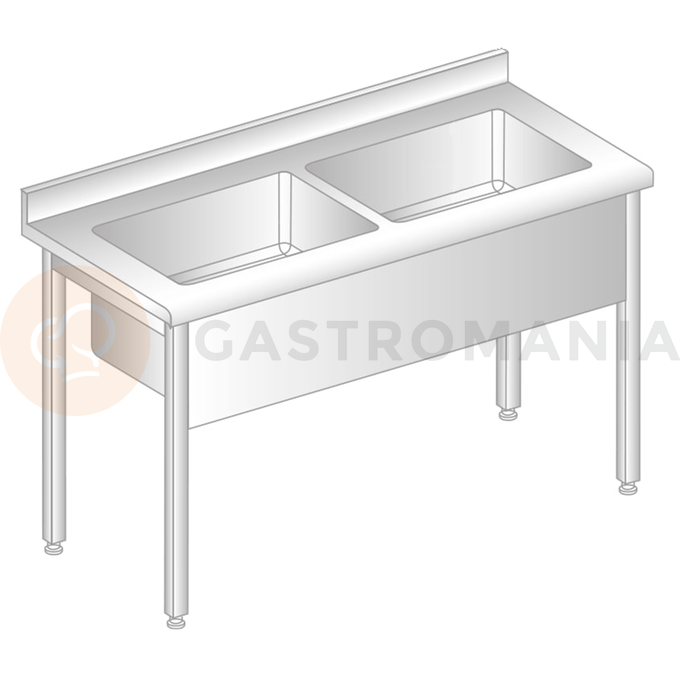 Stôl nástenný z nerezovej ocele s dvojkomorovou vaňou, zadnou lištou a odkvapovou lištou 1200x600x850 mm, výš. komory = 300 mm | DORA METAL, DM-S-3249