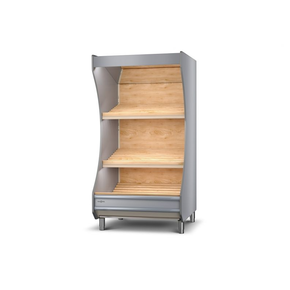Regál na zeleninu s lakovaným opláštením, osvetlenie LED, horné osvetlenie, bukové police naklonené, boky sú z oblej dosky drevené 860x1000x2030 mm | RAPA, RW-B