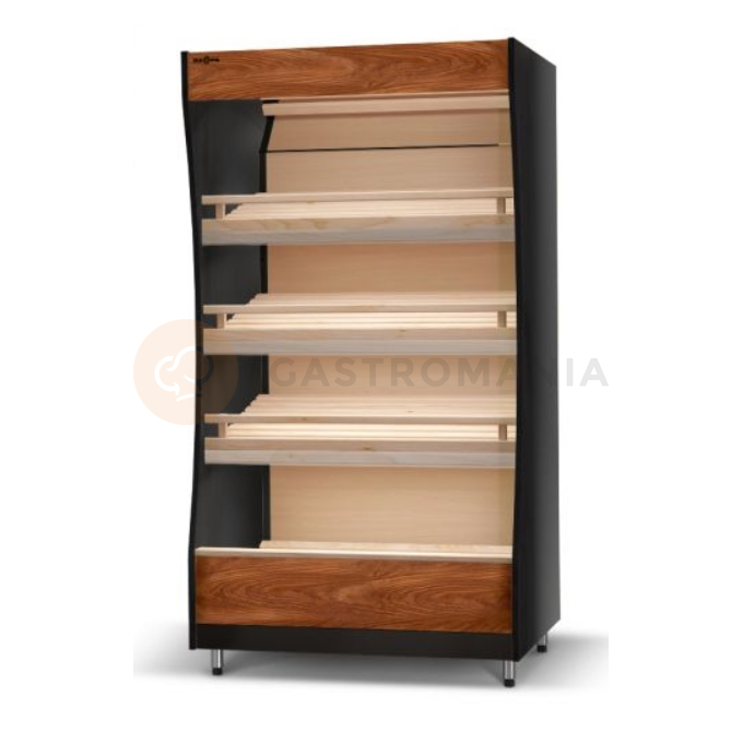 Regál pekársky s dreveným opláštením, osvetlenie LED, horné osvetlenie, bukové police naklonené, boky sú z oblej dosky drevené, 820x800x1980 mm | RAPA, RP-B1