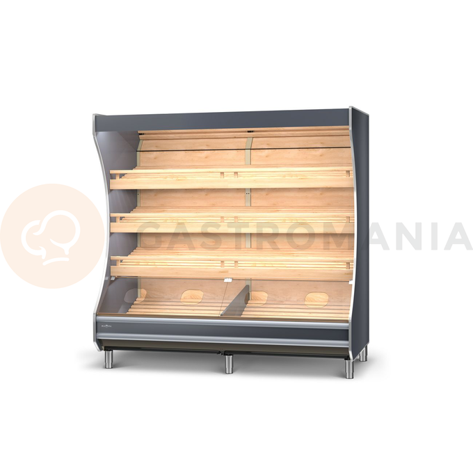 Regál pekársky s lakovaným opláštením, osvetlenie LED, horné osvetlenie, bukové police naklonené, boky sú z oblej dosky drevené, 2080x800x2030 mm | RAPA, RP-B