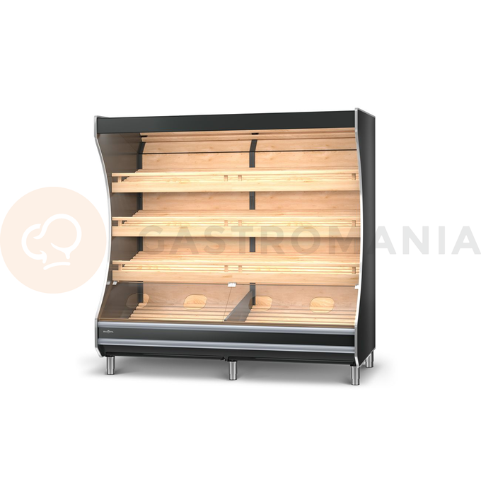 Regál pekársky s lakovaným opláštením, osvetlenie LED, horné osvetlenie, bukové police naklonené, boky sú z oblej dosky drevené, 640x1000x2030 mm | RAPA, RP-B