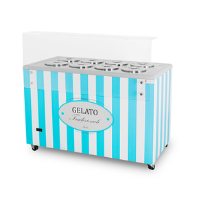 Dystrybutor do lodów, witryna do lodów, konserwator, retro, 8 tub, okrągłe kuwety, 1283x670x895 mm, biało-niebieski | RESTO QUALITY, GELATO POZETTI 8 BLUE