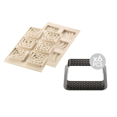 Zestaw form do tart 6 szt. - pierścień kwadrat + forma silikonowa wydmy, 6x 80x80 mm, Kit Mini Tarte Sand | SILIKOMART, Tarte Decor
