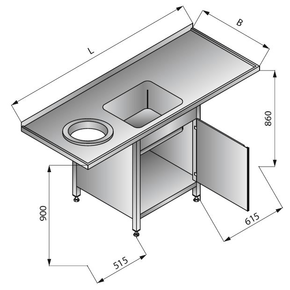 Stôl s jednokomorovým drezom a otvorom na odpadky a skrinkou vľavo, 1800x700x900 mm | LOZAMET, LO352/L